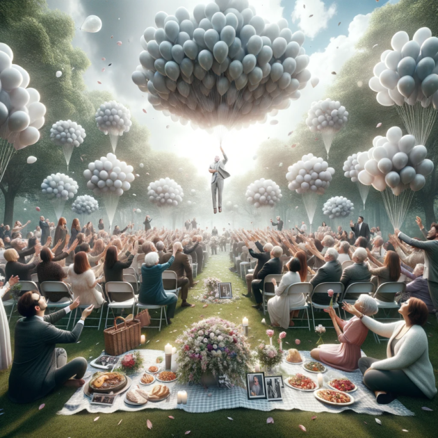 Ultra-realistic photo of a unique funeral where the atmosphere is light-hearted and festive. Family and friends gather around, releasing balloons into the sky, holding photographs of the deceased and celebrating the memories.